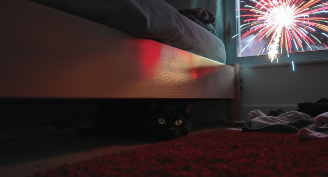 Ängstliche Katze versteckt sich an Silvester