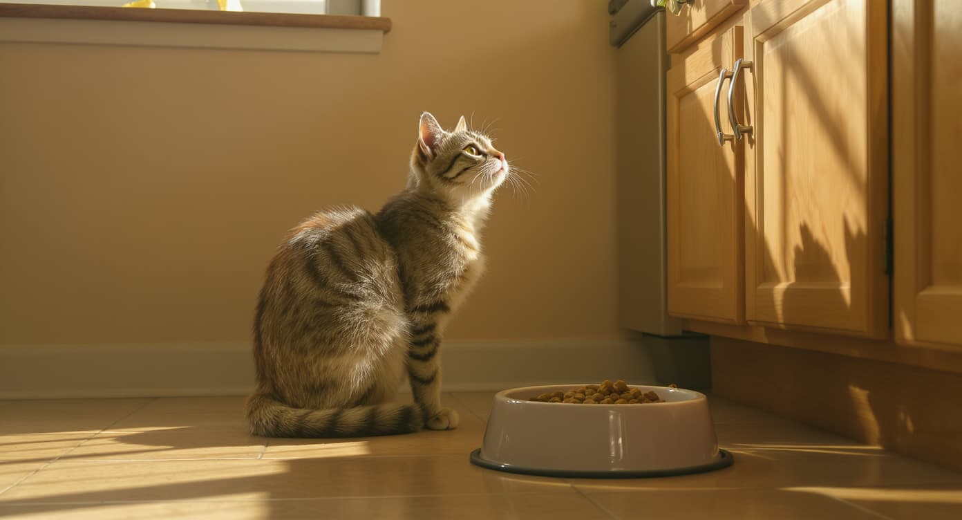 Katze vor gefülltem Napf mit Nassfutter